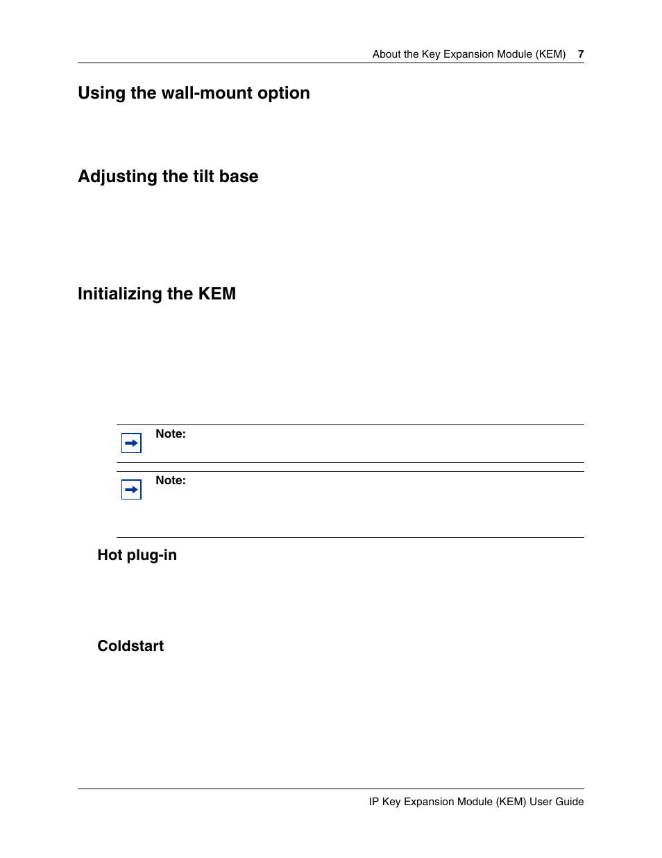 Using the wall-mount option, Adjusting the tilt base, Initializing the kem | Hot plug-in, Coldstart | Nortel Networks BCM 4.0 User Manual | Page 7 / 12