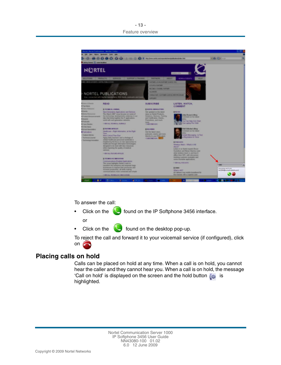 Placing calls on hold, Placing calls on hold 13 | Nortel Networks 3456 User Manual | Page 13 / 42