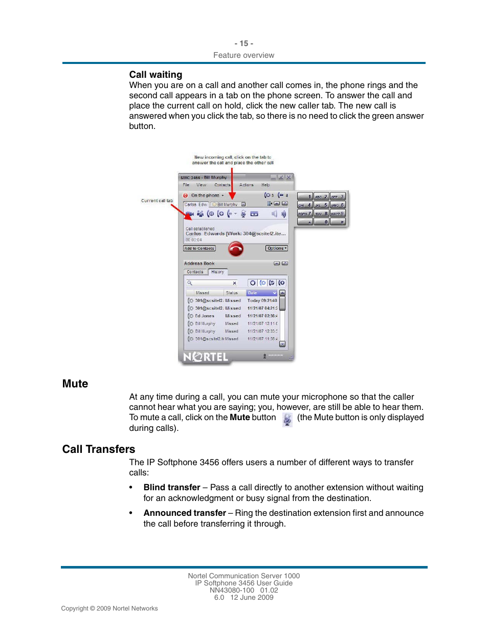 Mute, Call transfers, Mute 15 | Call transfers 15 | Nortel Networks 3456 User Manual | Page 15 / 42