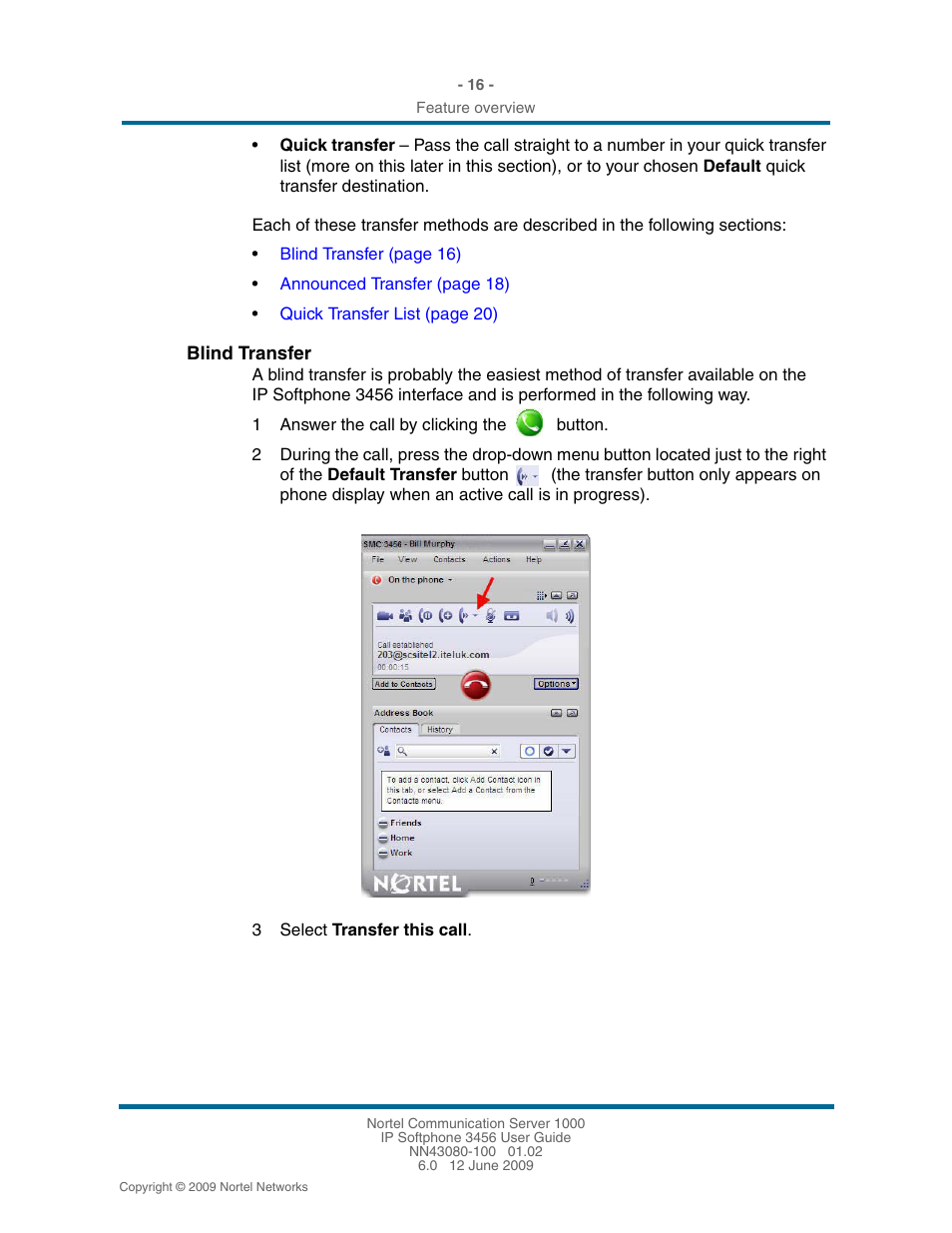 Blind transfer, Blind transfer 16 | Nortel Networks 3456 User Manual | Page 16 / 42