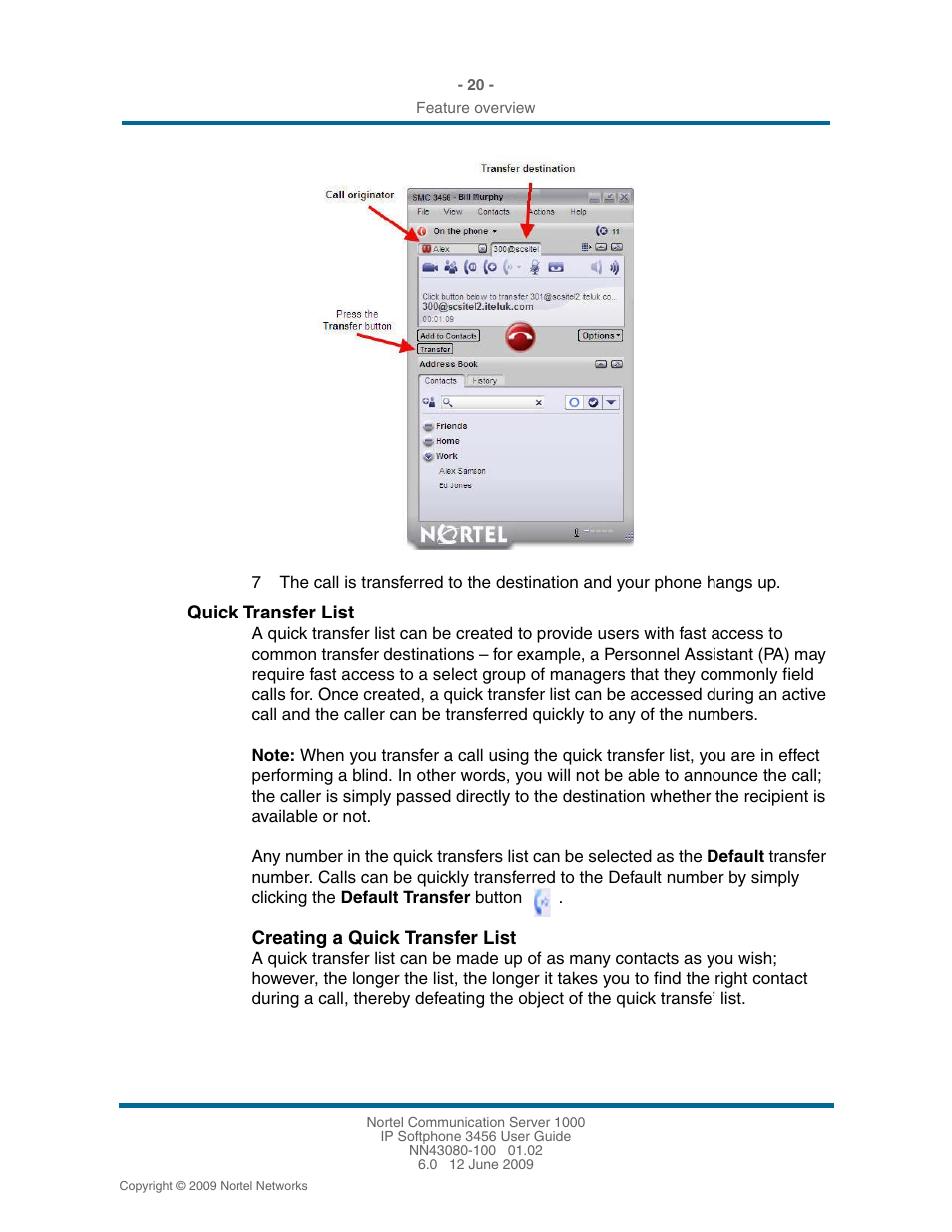 Quick transfer list, Quick transfer list 20 | Nortel Networks 3456 User Manual | Page 20 / 42