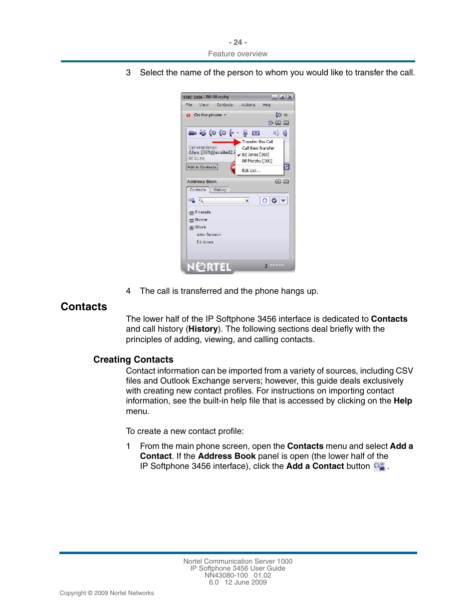 Contacts, Creating contacts, Contacts 24 | Creating contacts 24 | Nortel Networks 3456 User Manual | Page 24 / 42