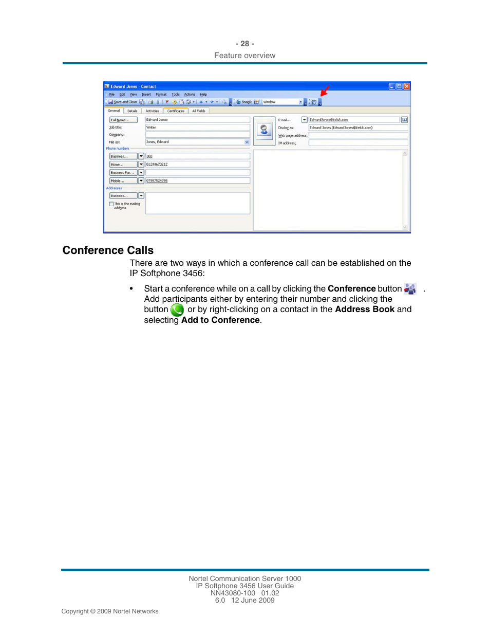 Conference calls, Conference calls 28 | Nortel Networks 3456 User Manual | Page 28 / 42