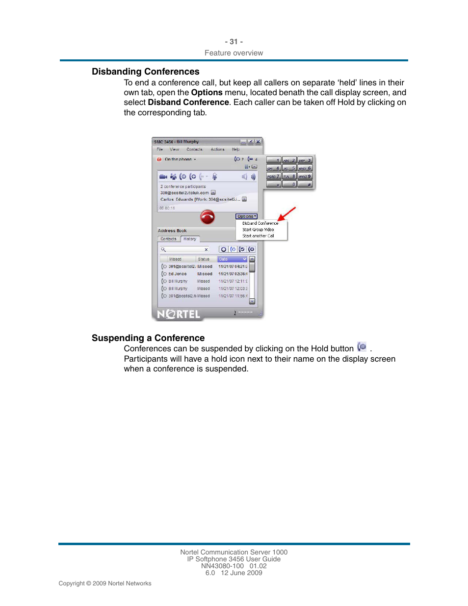 Disbanding conferences, Suspending a conference, Disbanding conferences 31 | Suspending a conference 31 | Nortel Networks 3456 User Manual | Page 31 / 42