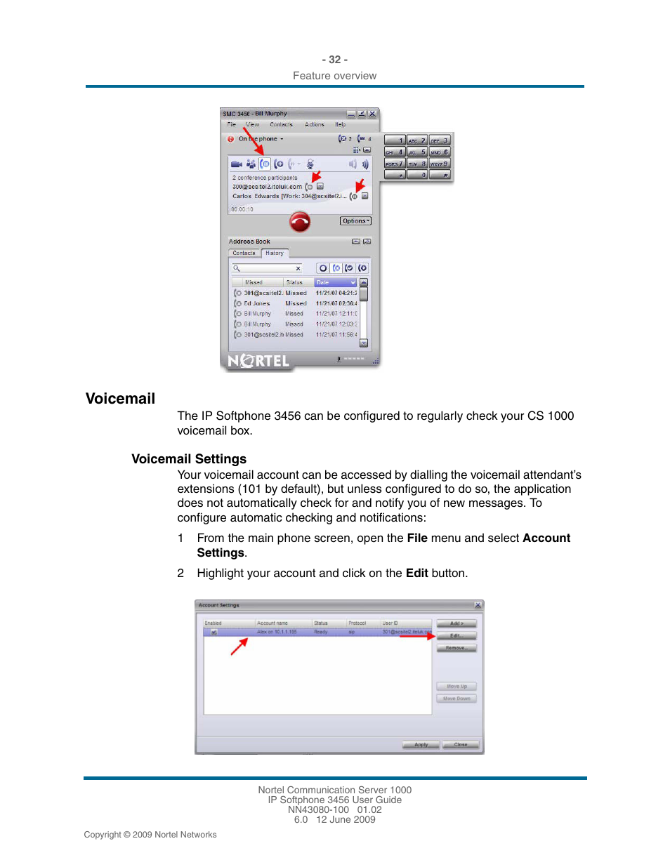 Voicemail, Voicemail settings, Voicemail 32 | Voicemail settings 32 | Nortel Networks 3456 User Manual | Page 32 / 42