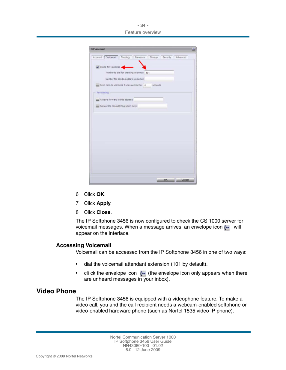 Accessing voicemail, Video phone, Accessing voicemail 34 | Video phone 34 | Nortel Networks 3456 User Manual | Page 34 / 42