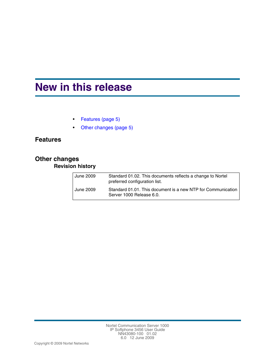 New in this release, Features, Other changes | Revision history, Features 5, Other changes 5, Revision history 5 | Nortel Networks 3456 User Manual | Page 5 / 42