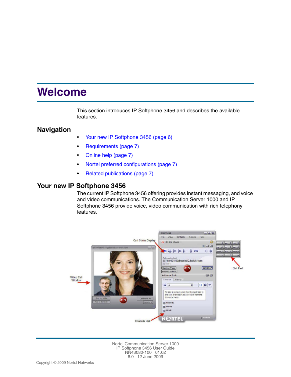 Welcome, Your new ip softphone 3456, Your new ip softphone 3456 6 | Navigation | Nortel Networks 3456 User Manual | Page 6 / 42