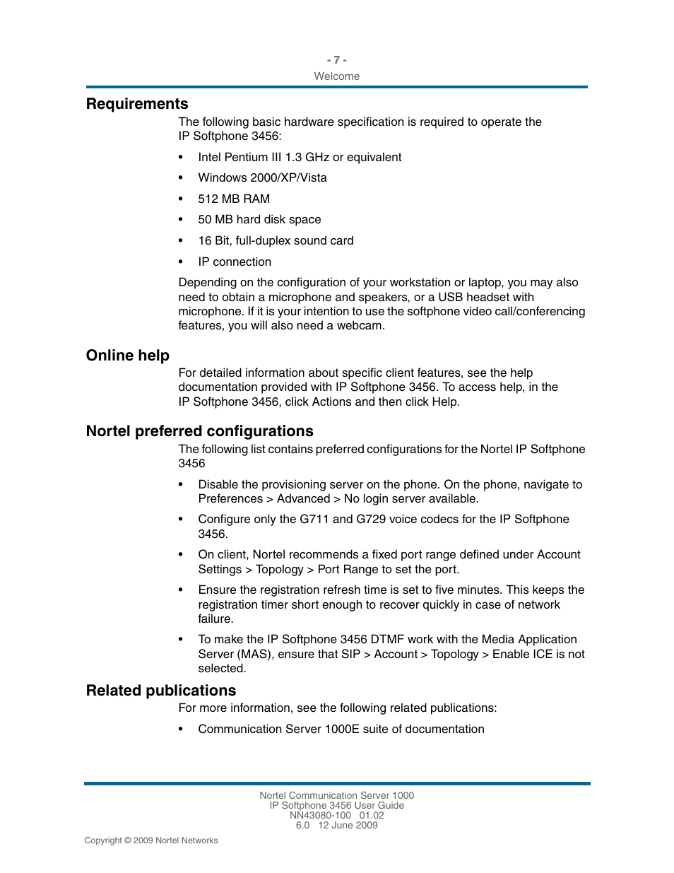 Requirements, Online help, Nortel preferred configurations | Related publications, Requirements 7, Online help 7, Nortel preferred configurations 7, Related publications 7 | Nortel Networks 3456 User Manual | Page 7 / 42