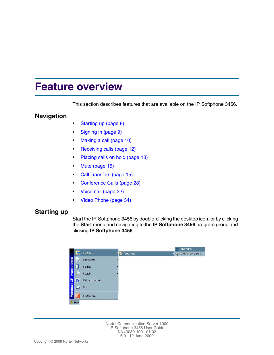 Feature overview, Starting up, Starting up 8 | Navigation | Nortel Networks 3456 User Manual | Page 8 / 42