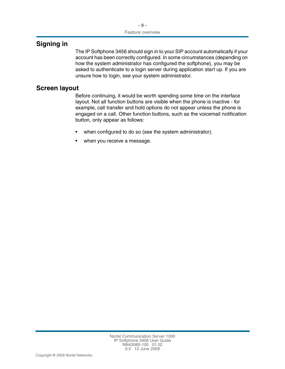 Signing in, Screen layout, Signing in 9 | Screen layout 9 | Nortel Networks 3456 User Manual | Page 9 / 42