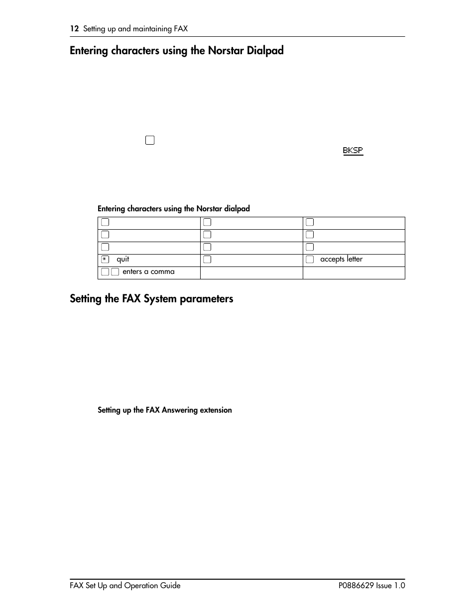Entering characters using the norstar dialpad, Setting the fax system parameters | Nortel Networks NORSTAR VOICE MAIL 4.0 FAX P0886629 User Manual | Page 15 / 81