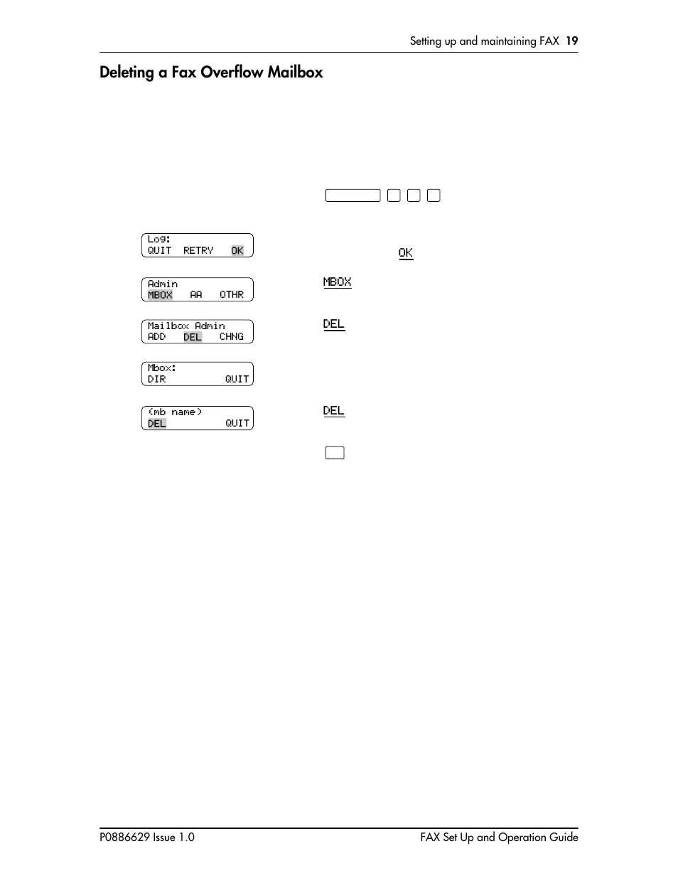 Deleting a fax overflow mailbox, Deleting a fax overflow mailbox 19, Deleting a fax | Overflow mailbox | Nortel Networks NORSTAR VOICE MAIL 4.0 FAX P0886629 User Manual | Page 22 / 81