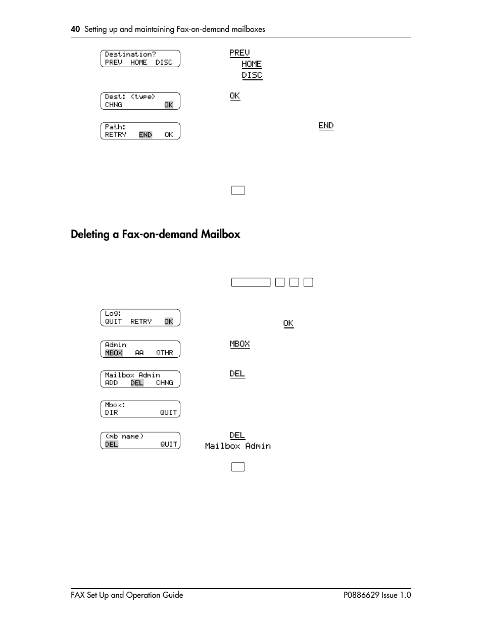 Deleting a fax-on-demand mailbox, Deleting a fax-on-demand mailbox 40, Deleting a fax-on | Demand mailbox | Nortel Networks NORSTAR VOICE MAIL 4.0 FAX P0886629 User Manual | Page 42 / 81