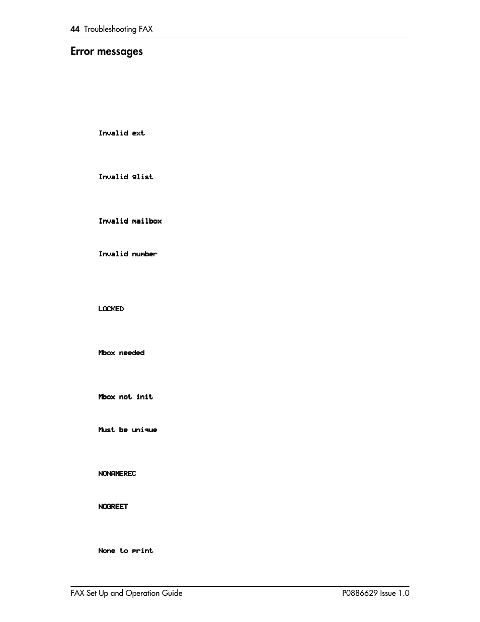 Error messages, Error messages 44 | Nortel Networks NORSTAR VOICE MAIL 4.0 FAX P0886629 User Manual | Page 46 / 81