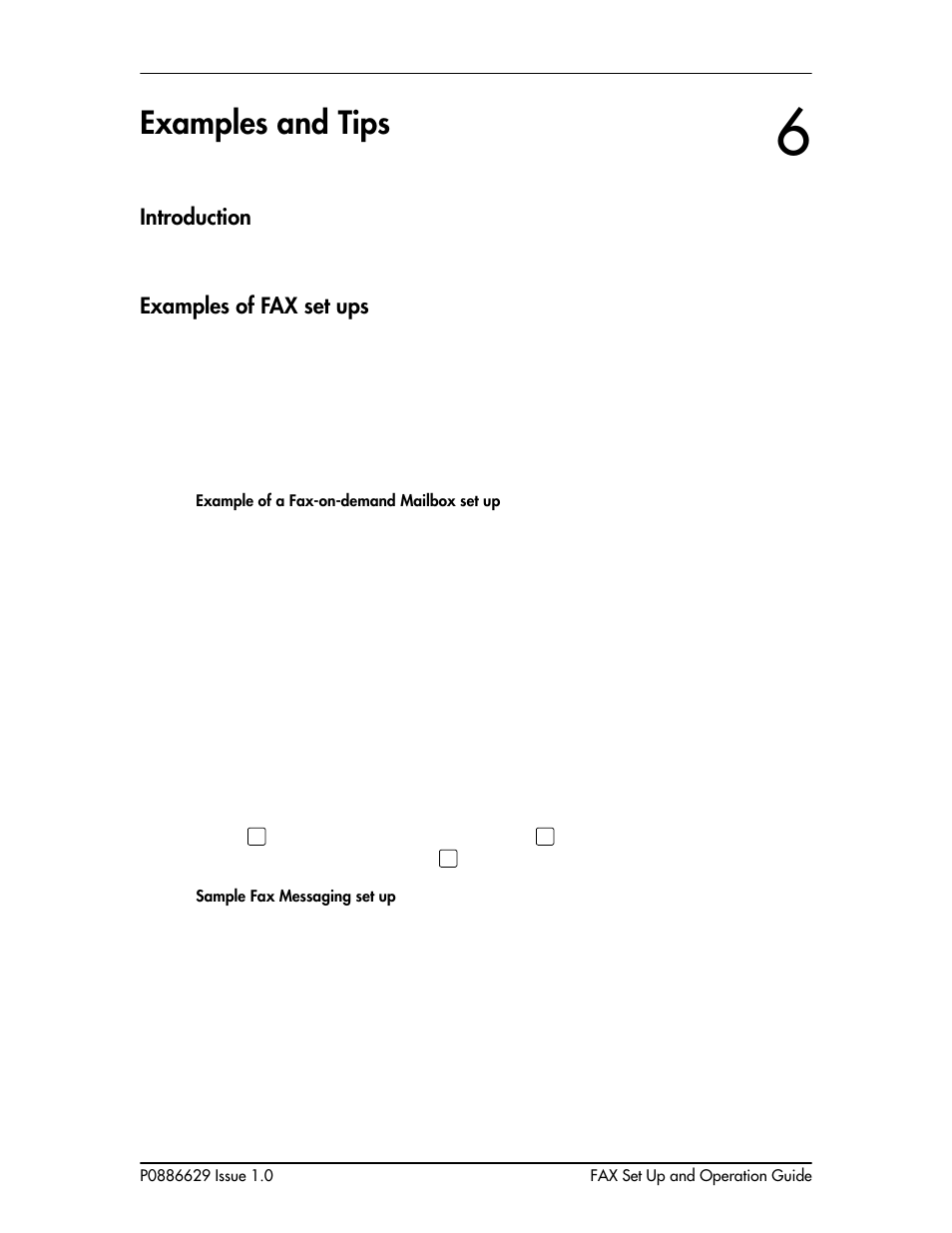 Examples and tips, Introduction, Examples of fax set ups | Chapter 6, Examples and tips 47, Introduction 47 examples of fax set ups 47 | Nortel Networks NORSTAR VOICE MAIL 4.0 FAX P0886629 User Manual | Page 49 / 81