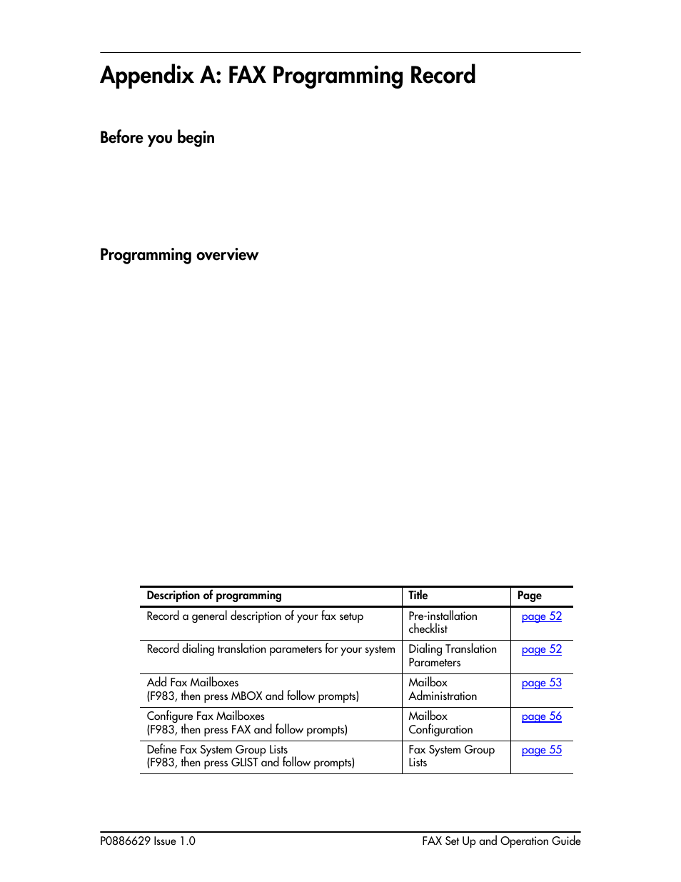 Before you begin, Programming overview, Appendix a: fax programming record 51 | Before you begin 51 programming overview 51, Appendix a: fax programming record, Provides a programming record to, Appendix a: fax, Programming record | Nortel Networks NORSTAR VOICE MAIL 4.0 FAX P0886629 User Manual | Page 52 / 81