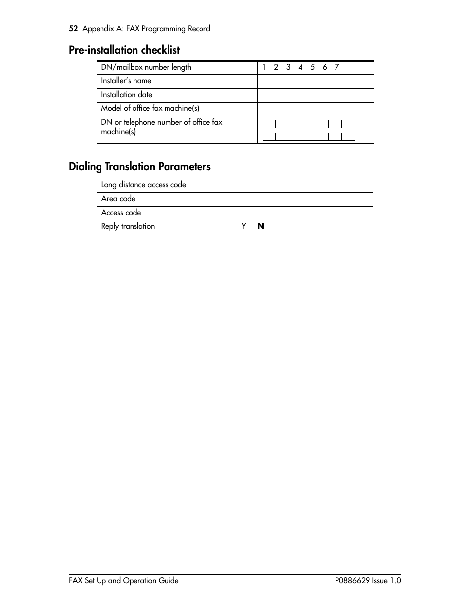 Pre-installation checklist, Dialing translation parameters | Nortel Networks NORSTAR VOICE MAIL 4.0 FAX P0886629 User Manual | Page 53 / 81