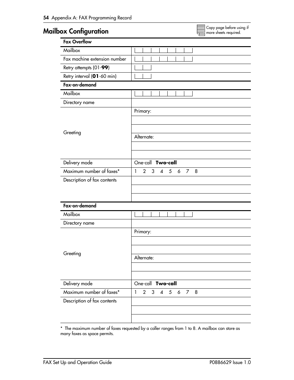Mailbox configuration, Mailbox configuration 54 | Nortel Networks NORSTAR VOICE MAIL 4.0 FAX P0886629 User Manual | Page 55 / 81