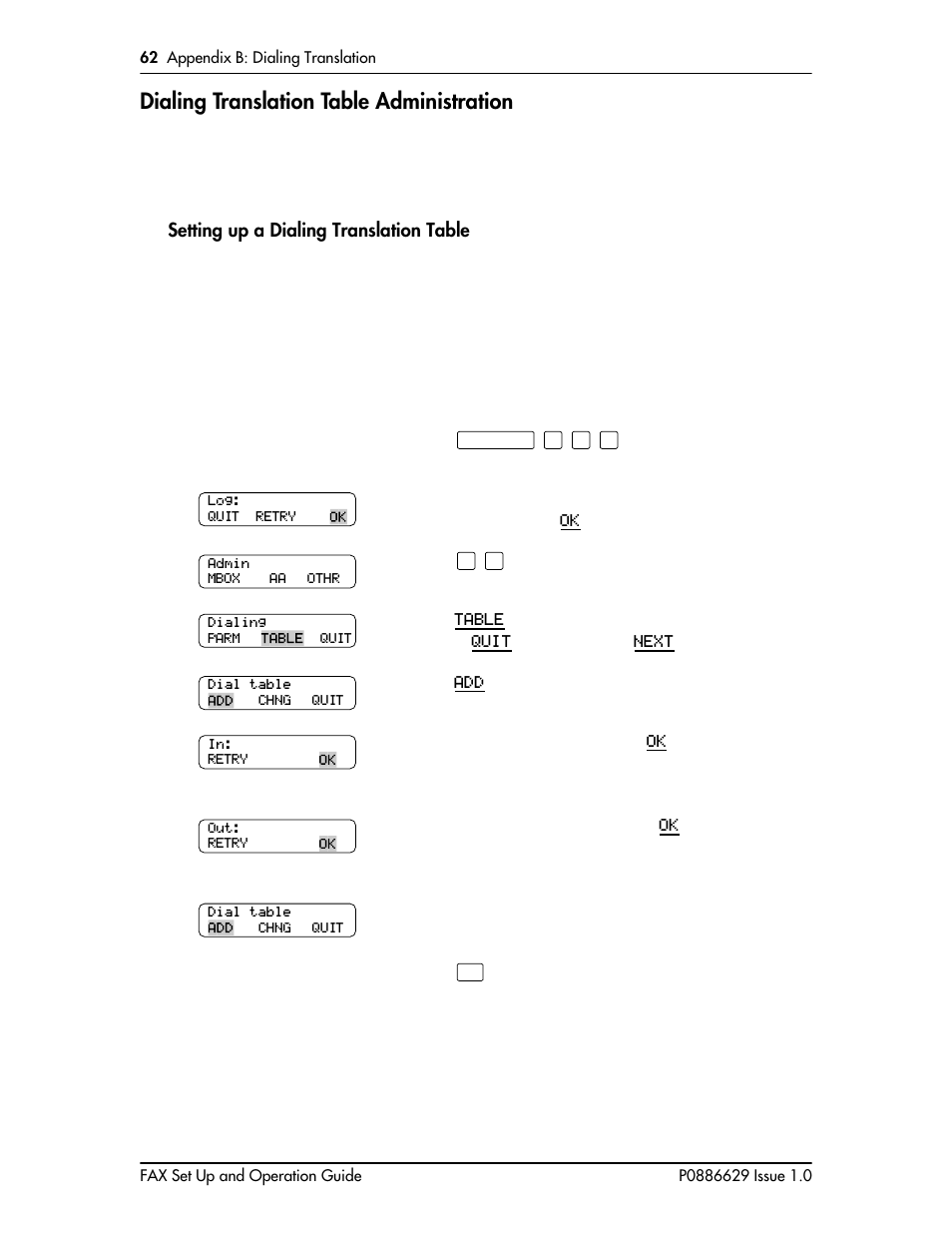 Dialing translation table administration, Setting up a dialing translation table, Dialing translation table administration 62 | Setting up a dialing translation table 62 | Nortel Networks NORSTAR VOICE MAIL 4.0 FAX P0886629 User Manual | Page 62 / 81