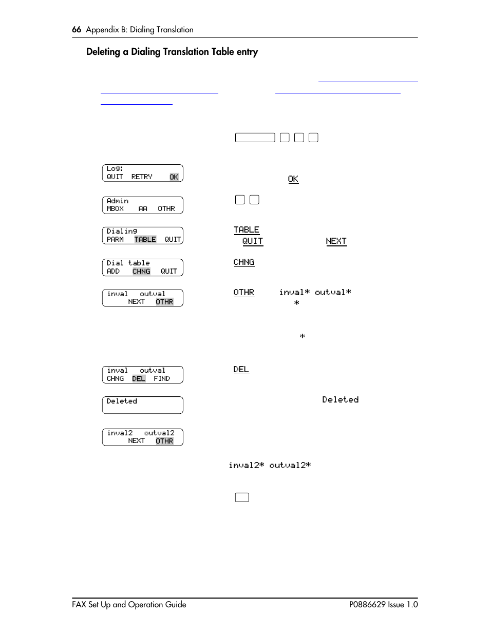 Deleting a dialing translation table entry, Deleting a dialing translation table entry 66 | Nortel Networks NORSTAR VOICE MAIL 4.0 FAX P0886629 User Manual | Page 66 / 81