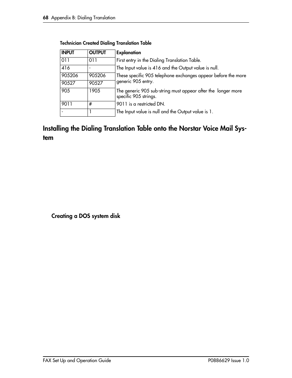 Creating a dos system disk, System 68, Creating a dos system disk 68 | Nortel Networks NORSTAR VOICE MAIL 4.0 FAX P0886629 User Manual | Page 68 / 81