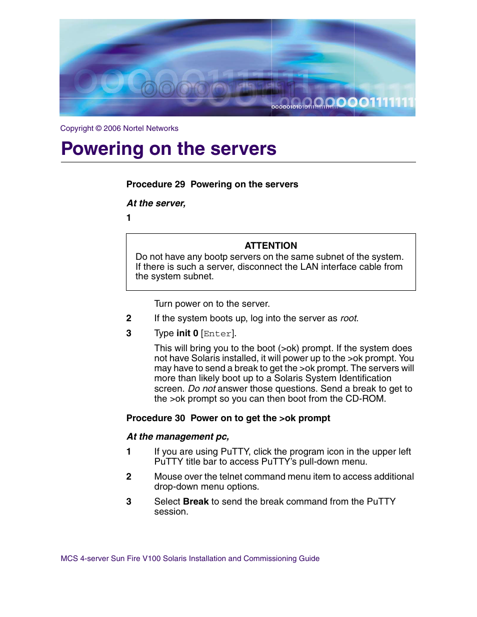 Powering on the servers | Nortel Networks Sun Fire V100 User Manual | Page 105 / 192