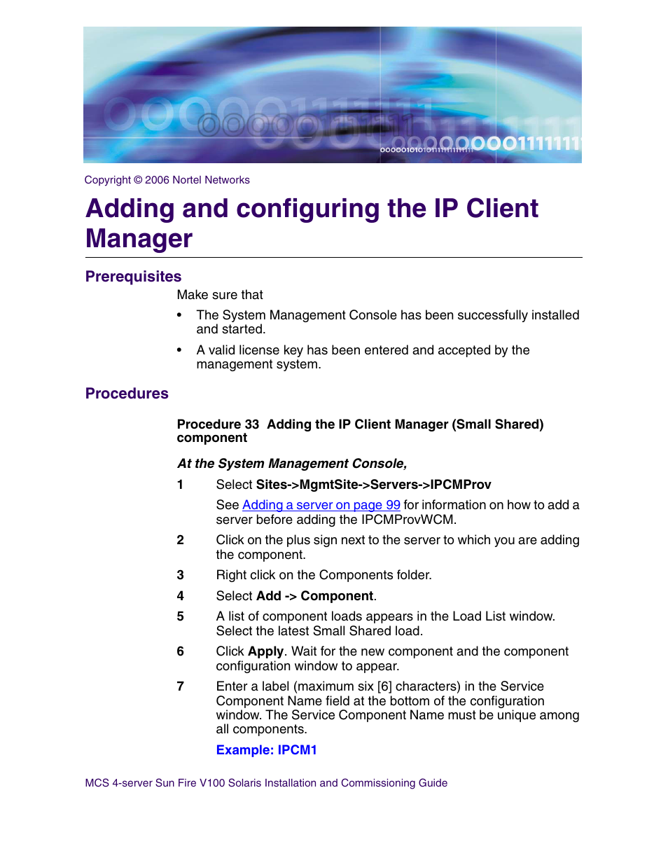 Adding and configuring the ip client manager, Prerequisites, Procedures | Nortel Networks Sun Fire V100 User Manual | Page 119 / 192