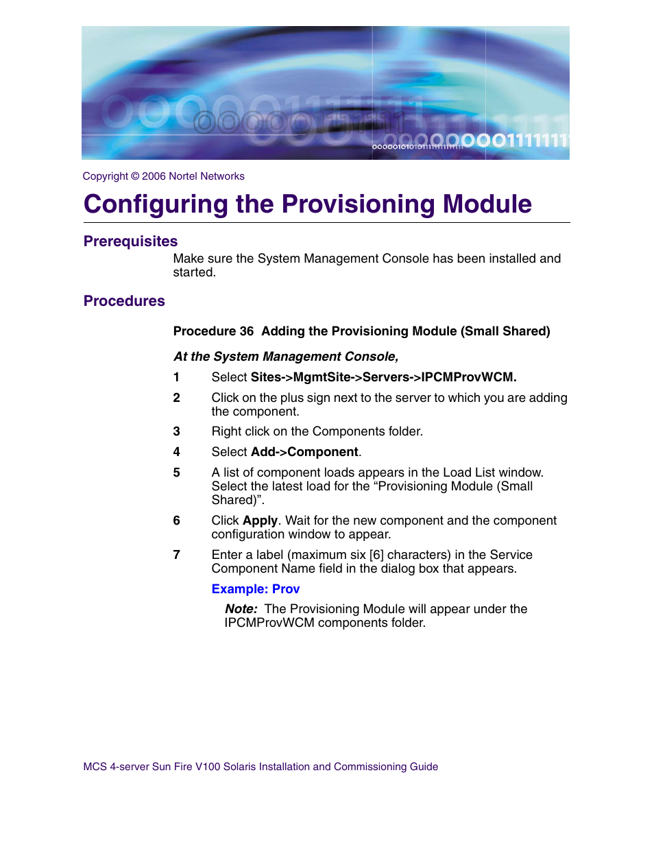 Configuring the provisioning module, Prerequisites, Procedures | Configuring the provisioning module prerequisites | Nortel Networks Sun Fire V100 User Manual | Page 127 / 192