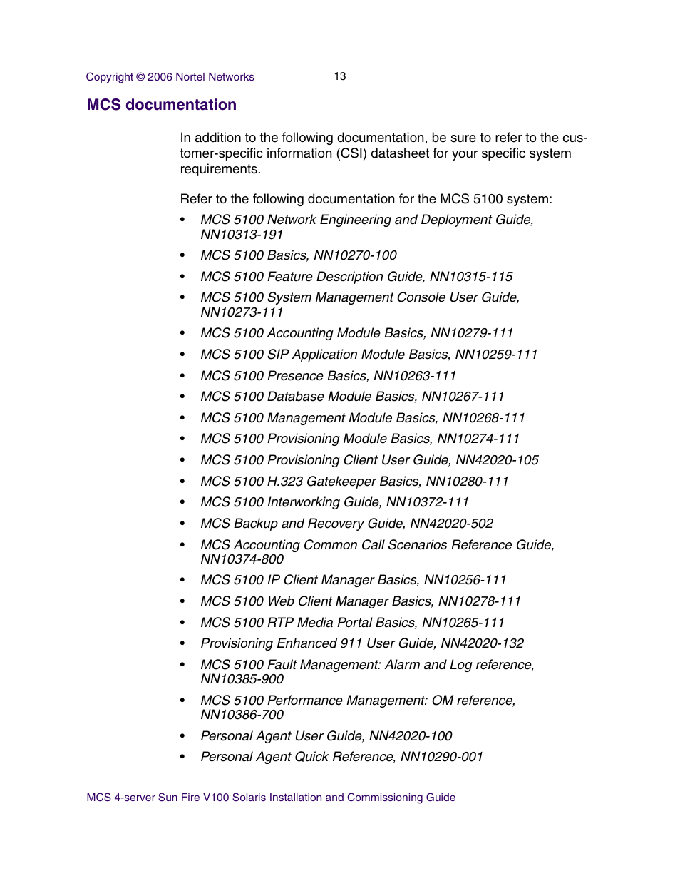 Mcs documentation | Nortel Networks Sun Fire V100 User Manual | Page 13 / 192