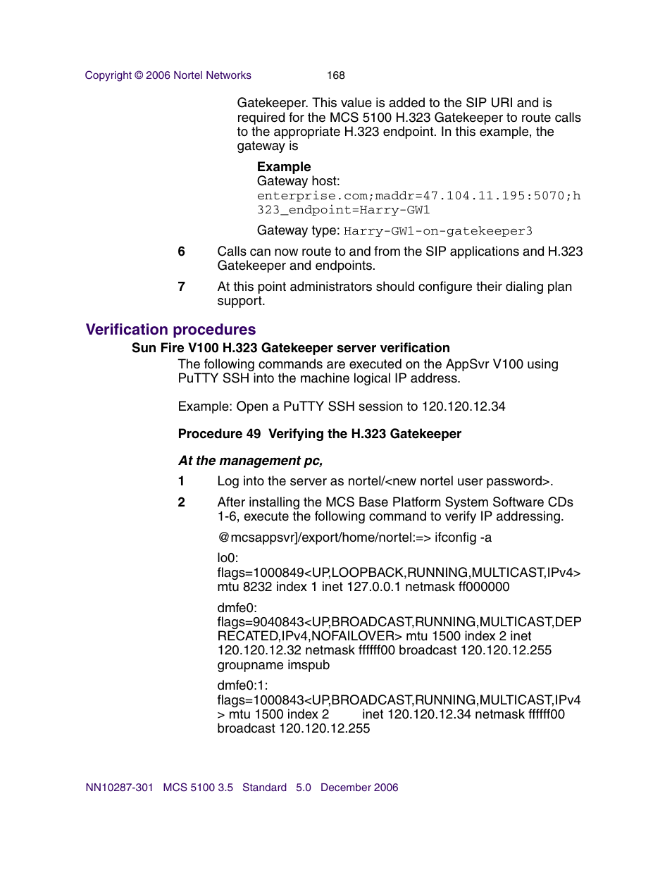 Verification procedures, Sun fire v100 h.323 gatekeeper server verification | Nortel Networks Sun Fire V100 User Manual | Page 168 / 192