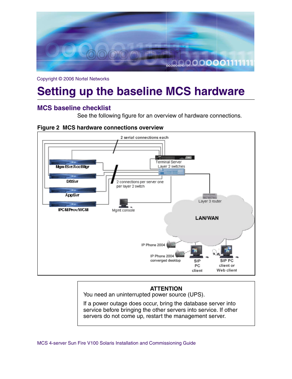 Setting up the baseline mcs hardware, Mcs baseline checklist | Nortel Networks Sun Fire V100 User Manual | Page 21 / 192