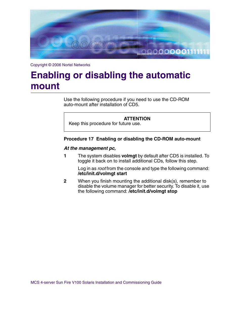 Enabling or disabling the automatic mount | Nortel Networks Sun Fire V100 User Manual | Page 63 / 192