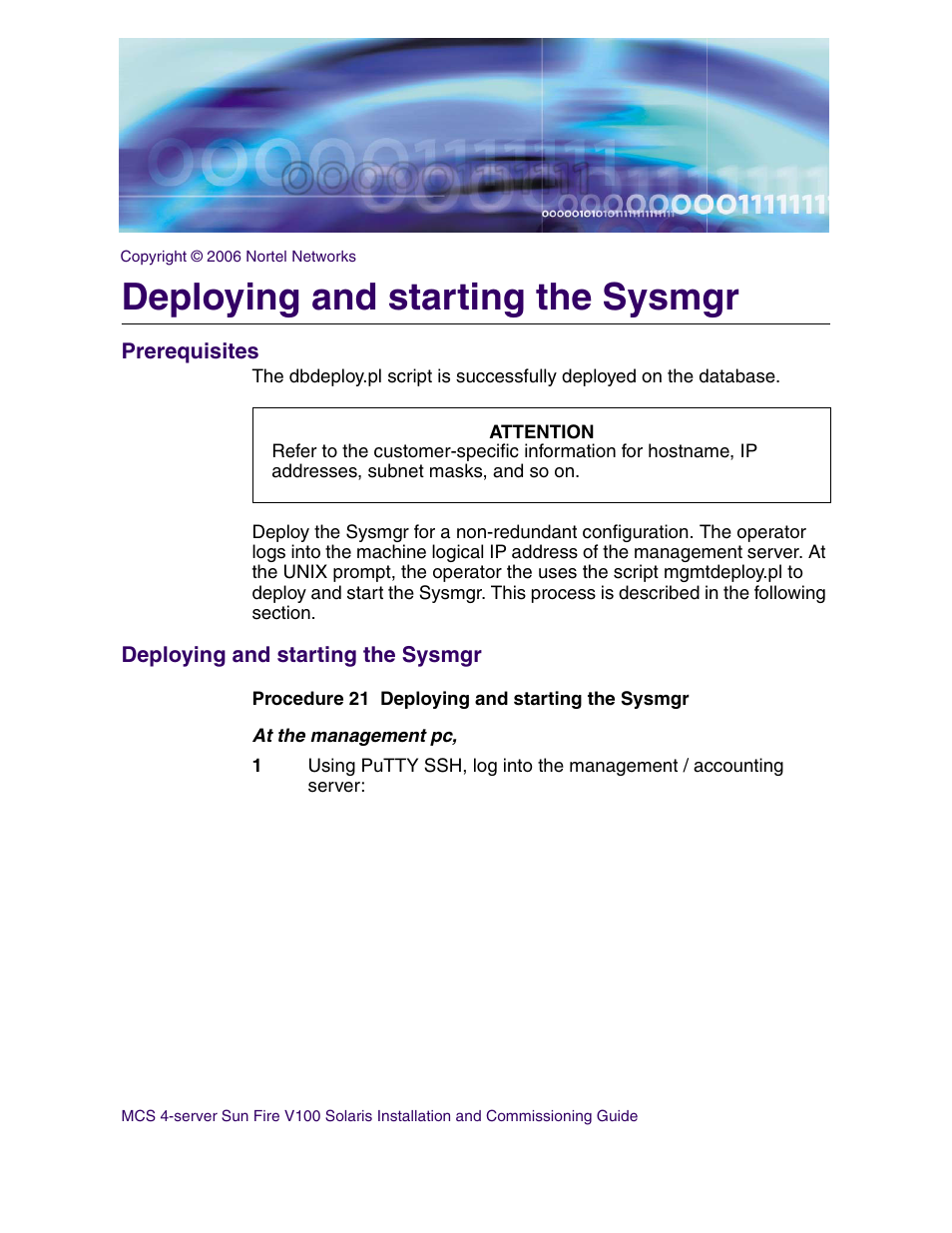Deploying and starting the sysmgr, Prerequisites | Nortel Networks Sun Fire V100 User Manual | Page 73 / 192