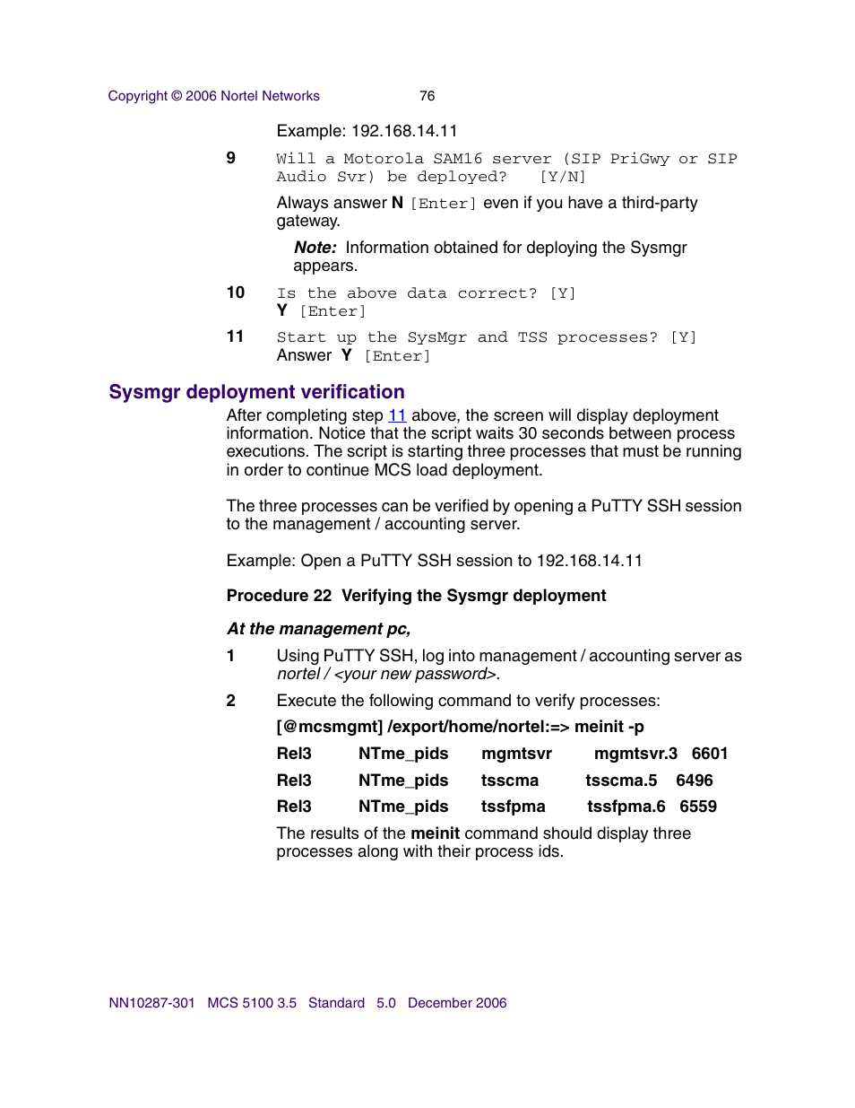 Sysmgr deployment verification | Nortel Networks Sun Fire V100 User Manual | Page 76 / 192