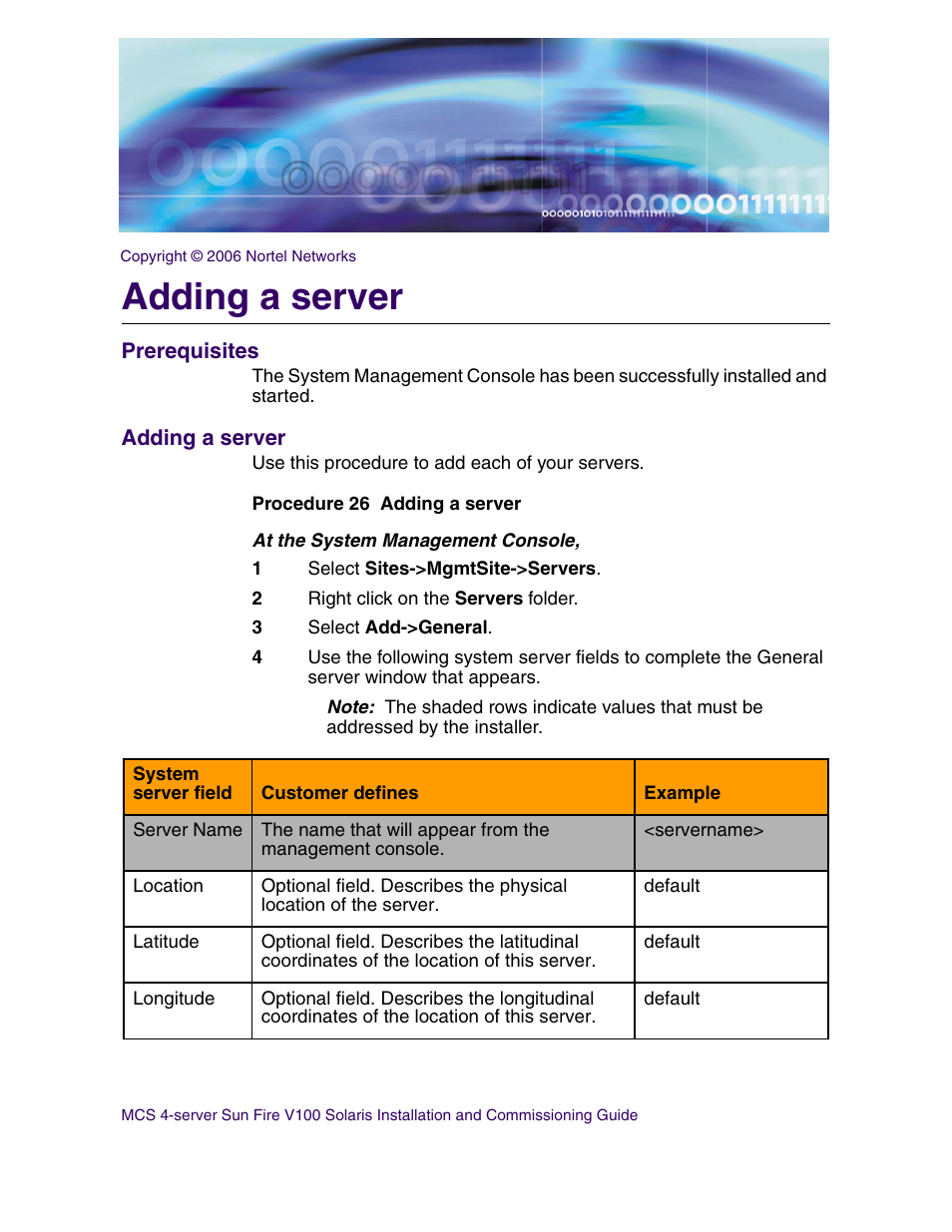 Adding a server, Prerequisites, Adding a server prerequisites adding a server | Nortel Networks Sun Fire V100 User Manual | Page 99 / 192
