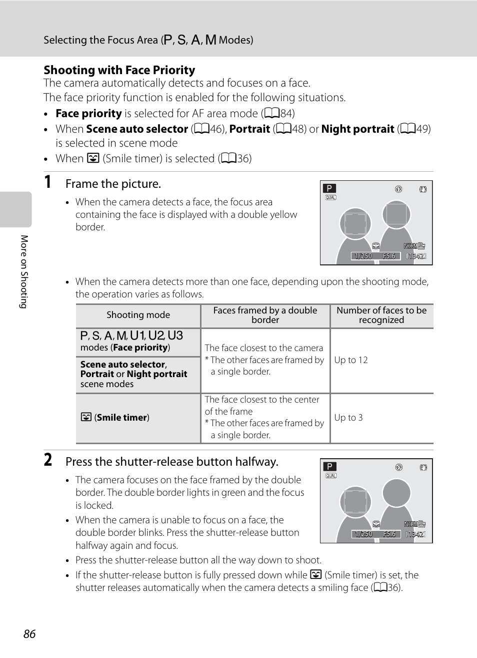 Shooting with face priority, A86), A86) f | Frame the picture, Press the shutter-release button halfway | Nortel Networks COOLPIX P7000 User Manual | Page 100 / 240