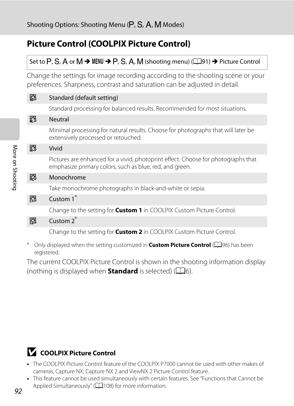 Picture control (coolpix picture control) | Nortel Networks COOLPIX P7000 User Manual | Page 106 / 240