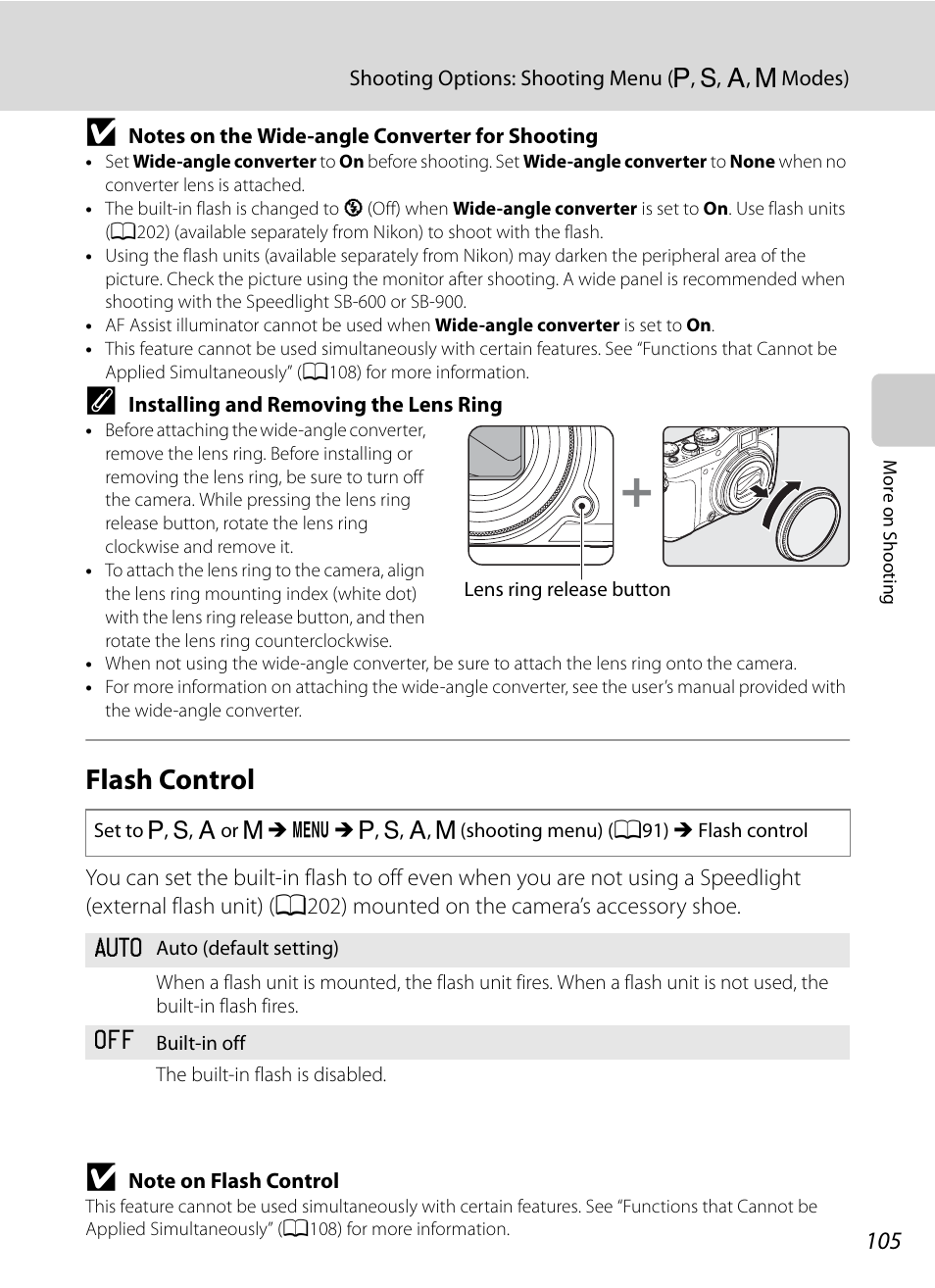 Flash control, A105 | Nortel Networks COOLPIX P7000 User Manual | Page 119 / 240