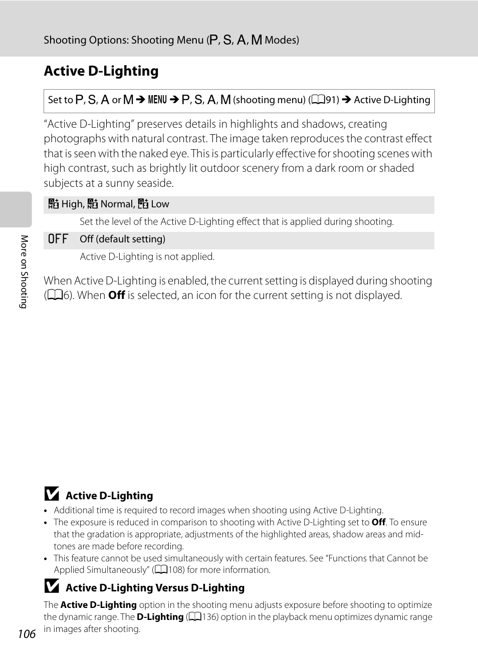 Active d-lighting, A106 | Nortel Networks COOLPIX P7000 User Manual | Page 120 / 240