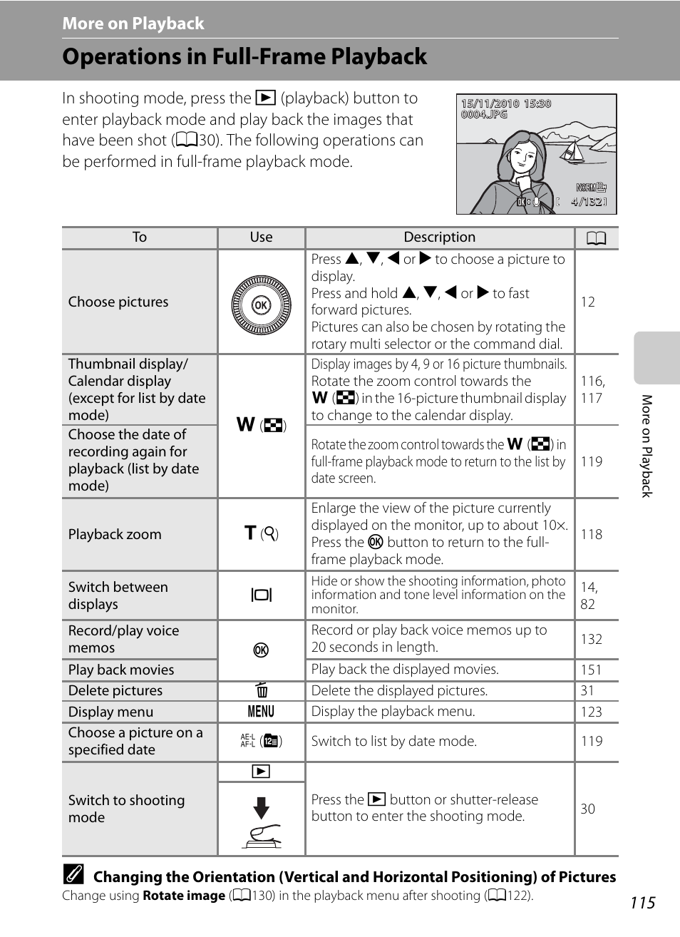 More on playback, Operations in full-frame playback, E “more on playback | A115) or | Nortel Networks COOLPIX P7000 User Manual | Page 129 / 240