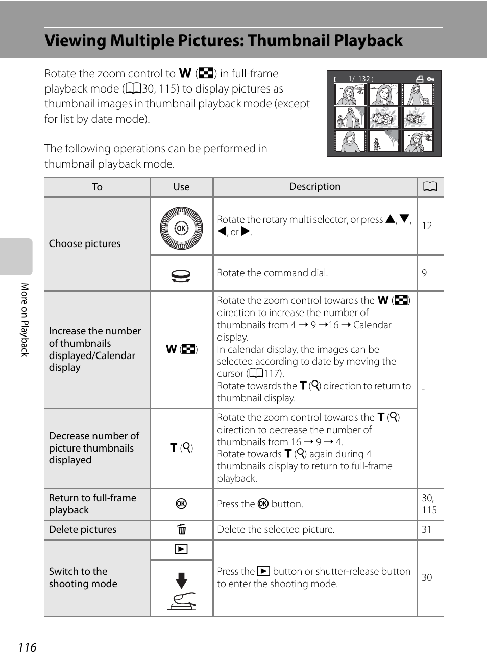 Viewing multiple pictures: thumbnail playback | Nortel Networks COOLPIX P7000 User Manual | Page 130 / 240