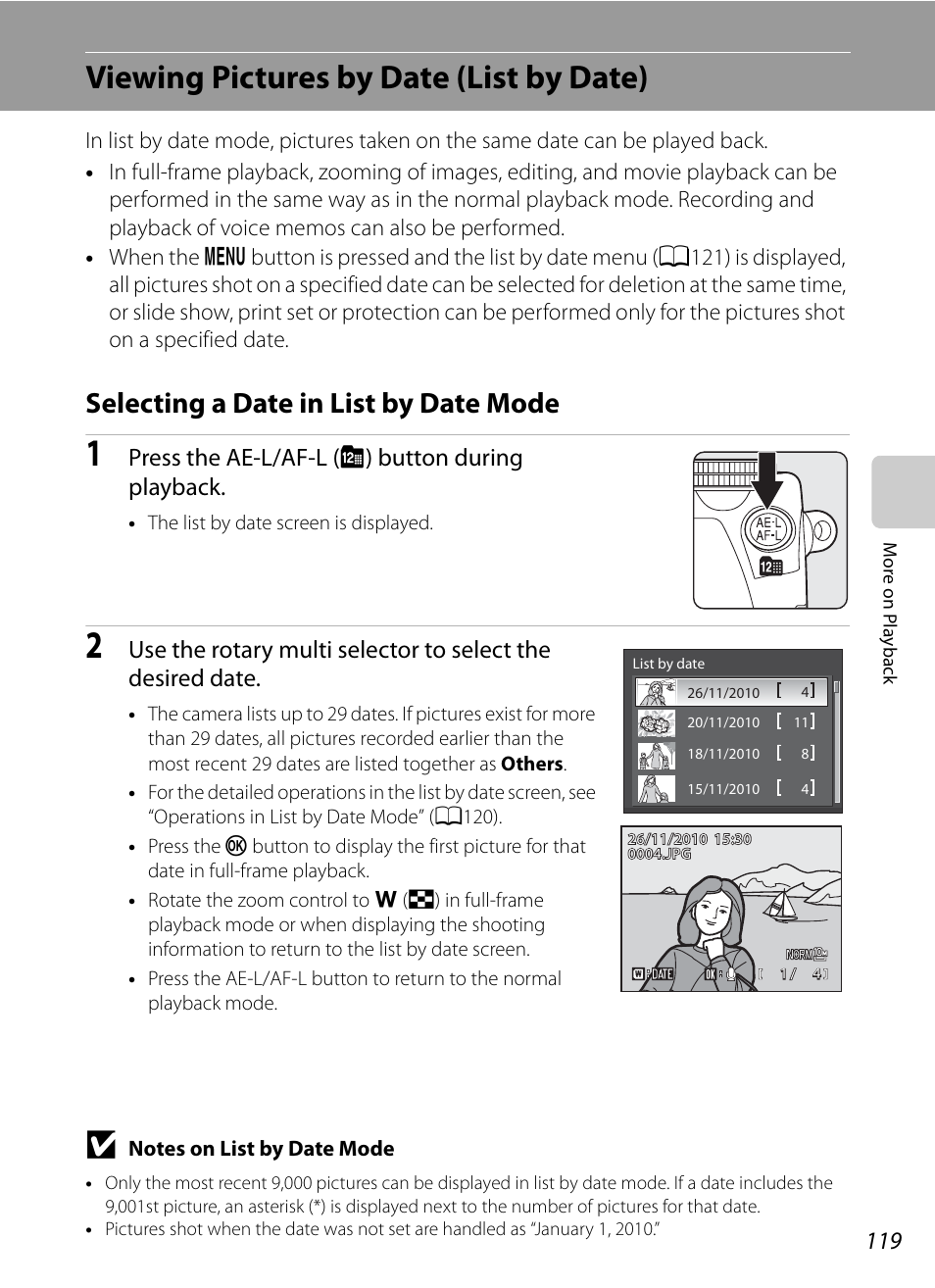 Viewing pictures by date (list by date), Selecting a date in list by date mode, A119) | A119). t, Press the ae-l/af-l (c) button during playback | Nortel Networks COOLPIX P7000 User Manual | Page 133 / 240