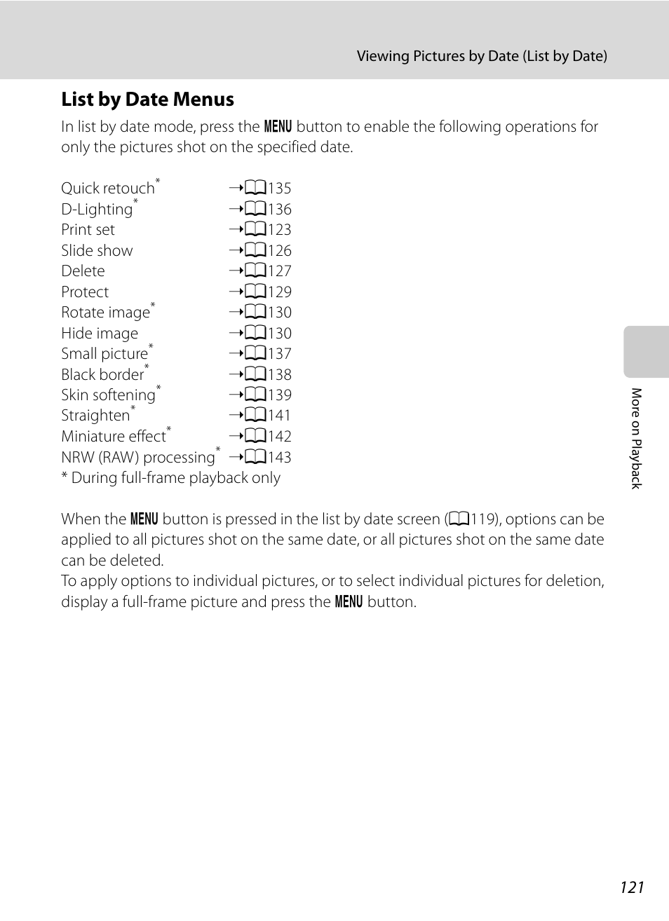 List by date menus, A121), A121) ar | Nortel Networks COOLPIX P7000 User Manual | Page 135 / 240