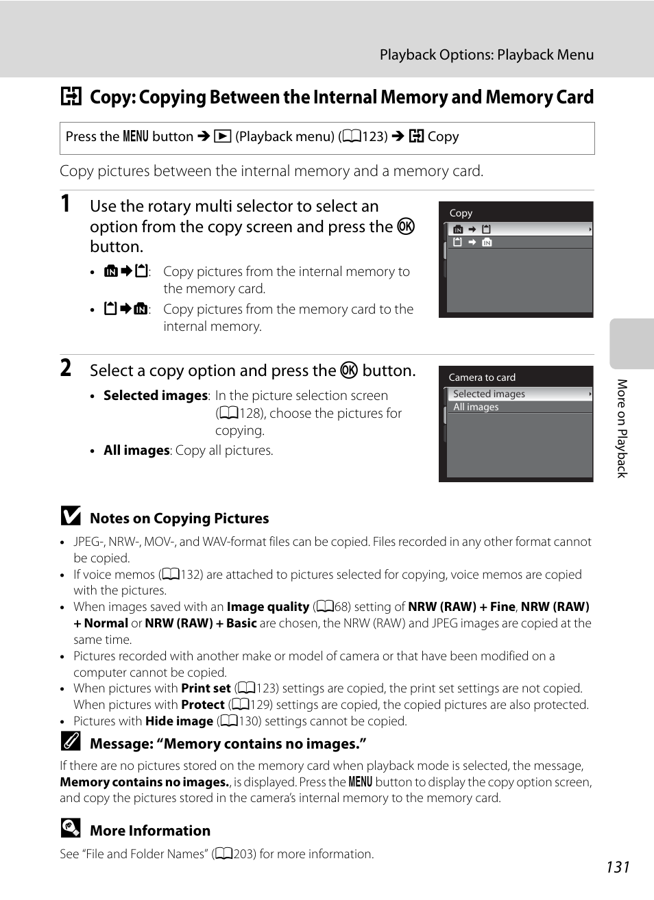 A131, A131), Select a copy option and press the k button | Nortel Networks COOLPIX P7000 User Manual | Page 145 / 240
