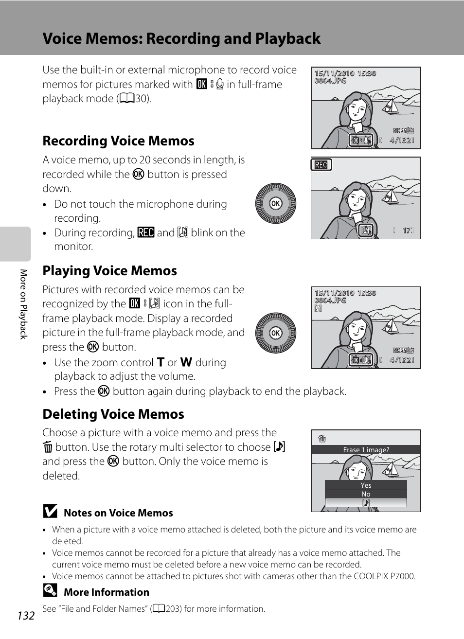 Voice memos: recording and playback, Recording voice memos, Playing voice memos | Deleting voice memos, A132) | Nortel Networks COOLPIX P7000 User Manual | Page 146 / 240