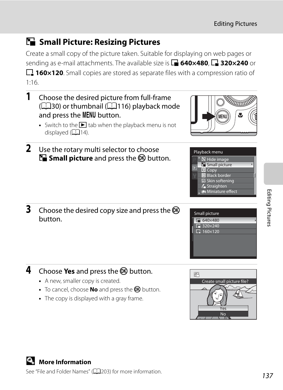 Small picture: resizing pictures, G small picture: resizing pictures, A137 | A137) | Nortel Networks COOLPIX P7000 User Manual | Page 151 / 240