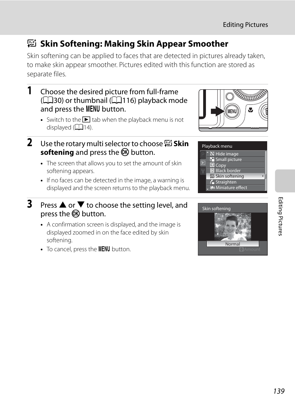 Skin softening: making skin appear smoother, E skin softening: making skin appear smoother, A139) | A139, Tening | Nortel Networks COOLPIX P7000 User Manual | Page 153 / 240