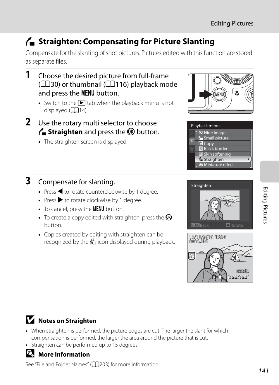 Straighten: compensating for picture slanting, R straighten: compensating for picture slanting, A141 | Ighten, A141), Compensate for slanting | Nortel Networks COOLPIX P7000 User Manual | Page 155 / 240