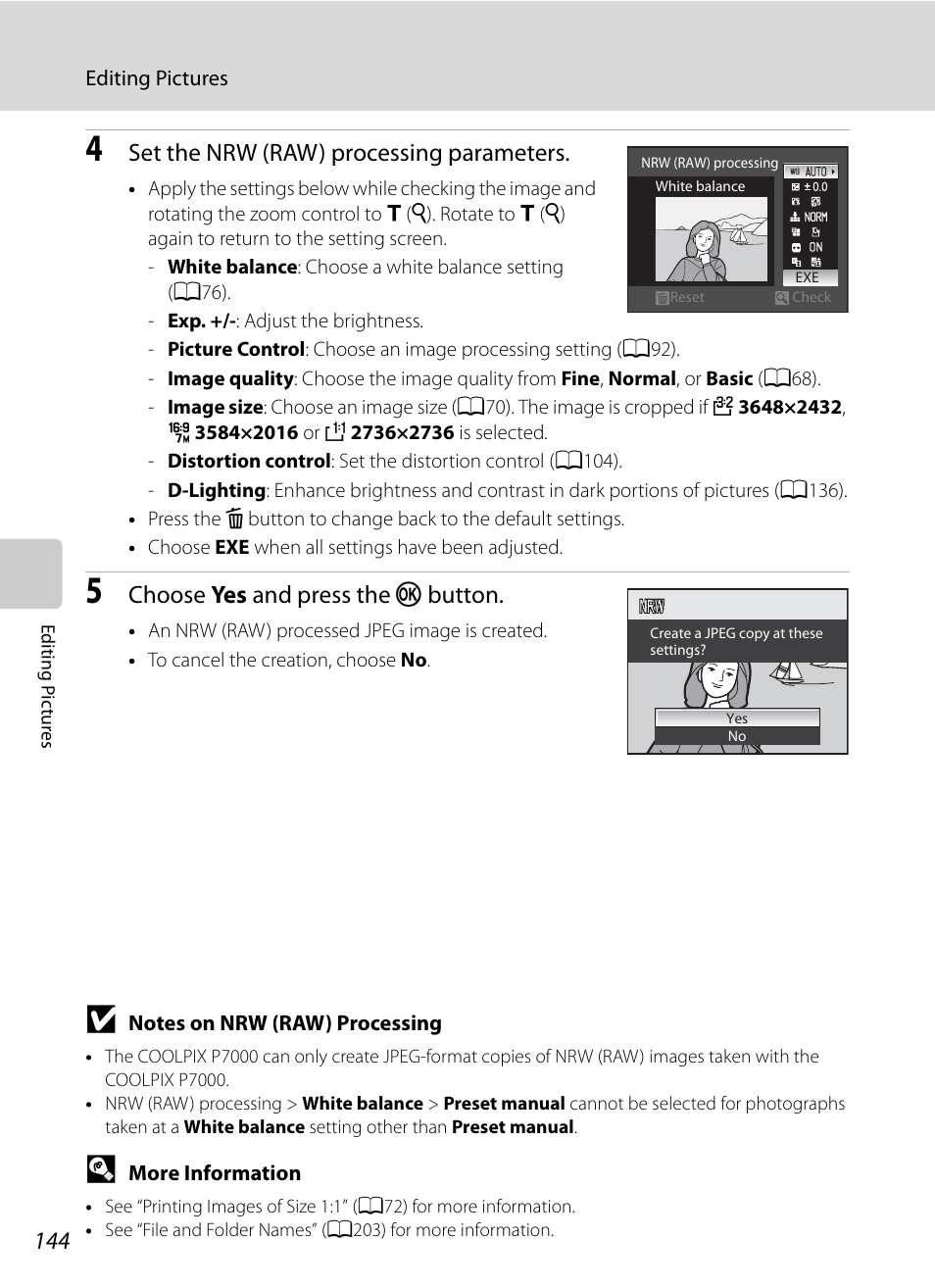 Set the nrw (raw) processing parameters, Choose yes and press the k button | Nortel Networks COOLPIX P7000 User Manual | Page 158 / 240